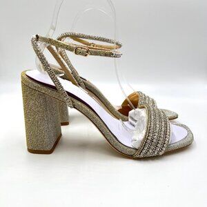 Badgley Mischka Size 8.5 Becca Gold Silver Jewel Block Heels Dress Sandals Shoes